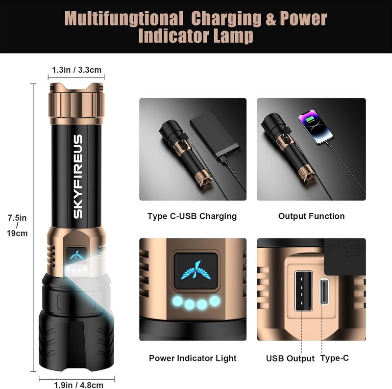 SkyFire Rechargeable Flashlight High Lumens,10000mAh Super Bright Flashlight,Zoomable,Four Modes,Waterproof LED Flash Light for Camping Essentials,Outdoor and Home Emergencies - Image 3